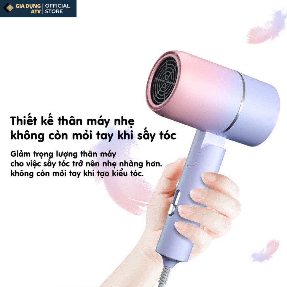 Máy sấy tóc mini công suất lớn tạo kiểu tóc chuyên nghiệp có ánh sáng xanh dưỡng tóc mượt tay cầm gấp gọn Pink Wish