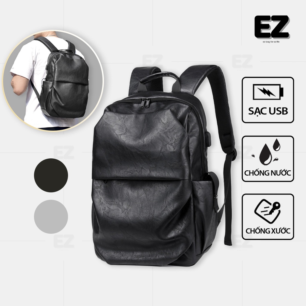 Balo da unisex BLU06 có cổng sạc USB, Ba lô đi học da đựng laptop 15.6 inch chống thấm nước, Cặp đi học nam thời trang