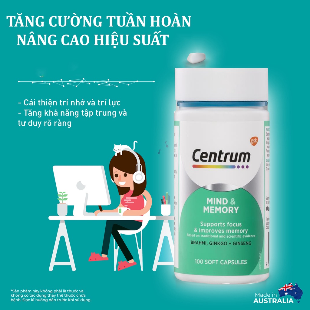 Centrum, Úc (100v) bổ trợ trí nhớ, giảm căng thẳng, ngủ ngon, tăng đề kháng, năng lượng, bổ khớp, bổ da móng tóc, đẹp da
