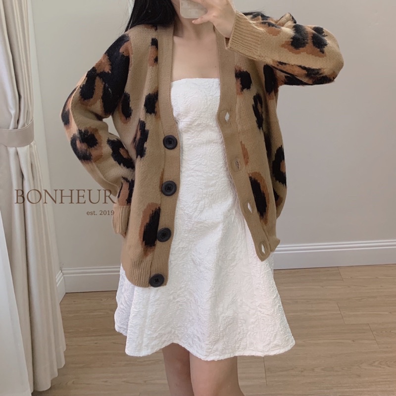 Leopard Cardigan áo khoác len hoạ tiết da báo dày dặn siêu ấm phong cách Ulzzang
