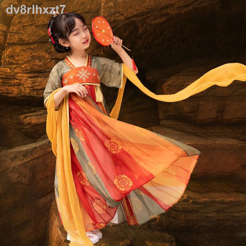 ♛✺✸Cô gái Hanfu Mùa hè Phong cách Trung Quốc Siêu cổ tích Đôn Hoàng bay Trang phục ngắn tay áo cho trẻ em nhỏ Váy hoa đ