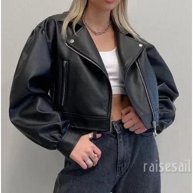 Áo khoác da tay dài màu đen khóa kéo trọng lượng nhẹ size S/ M/ L cho nữ
