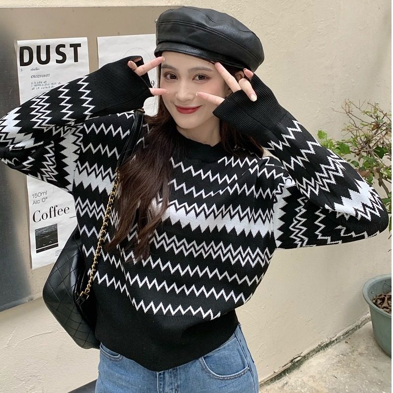 Áo sweater dệt kim cổ tròn tay dài kẻ sọc thoáng khí thoải mái thời trang Hàn Quốc cho nữ