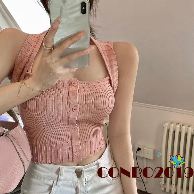 Áo Croptop Dệt Kim Hai Dây Màu Sắc Trơn Dành Cho Nữ