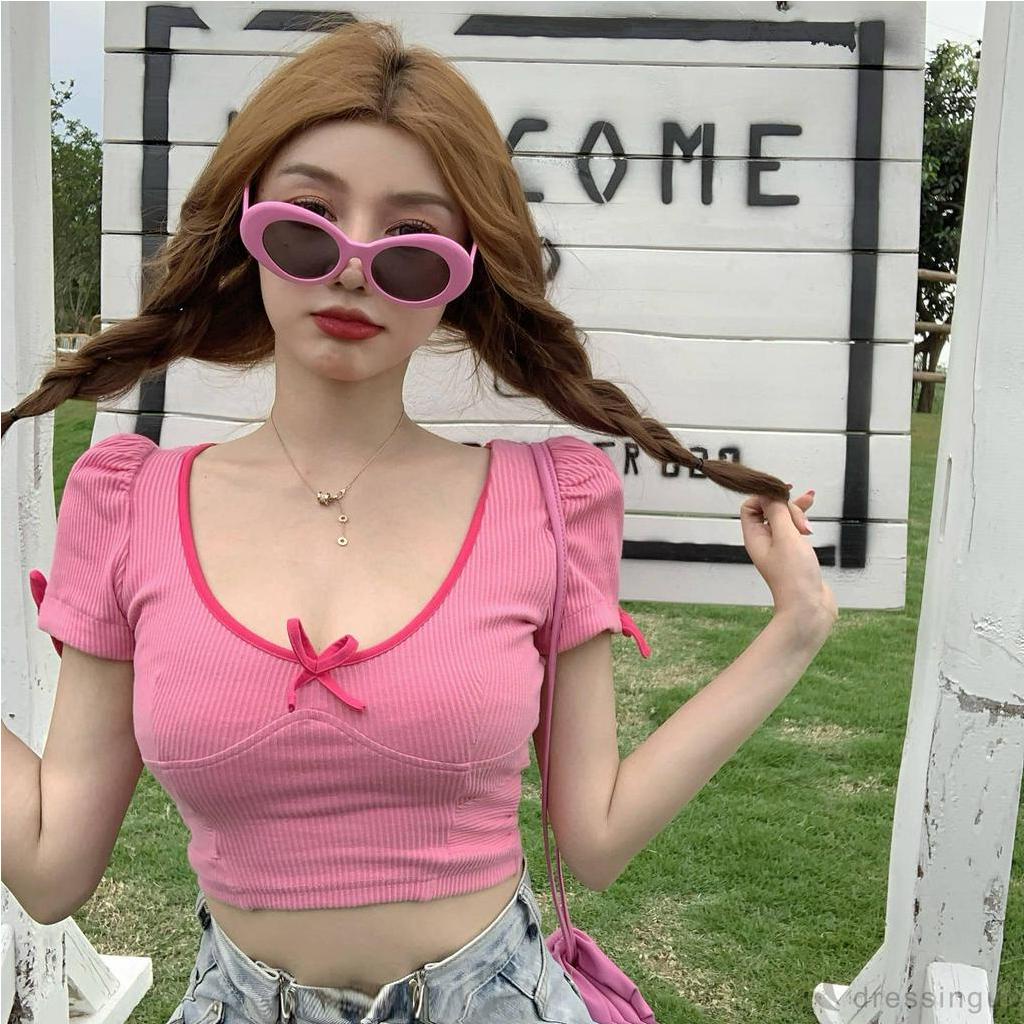 Áo Croptop Ngắn Tay Cổ Chữ U Phối Nơ Cá Tính Dành Cho Nữ