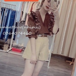Set áo đũi bèo phối quần sooc kaki form thụng cá tính V00405 màu nâu kem AĐ BOUTIQUE