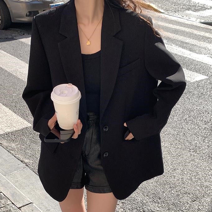 Áo khoác blazer dáng rộng quá cỡ màu đen phong cách Hàn Quốc thời trang xuân thu cao cấp dành cho nữ