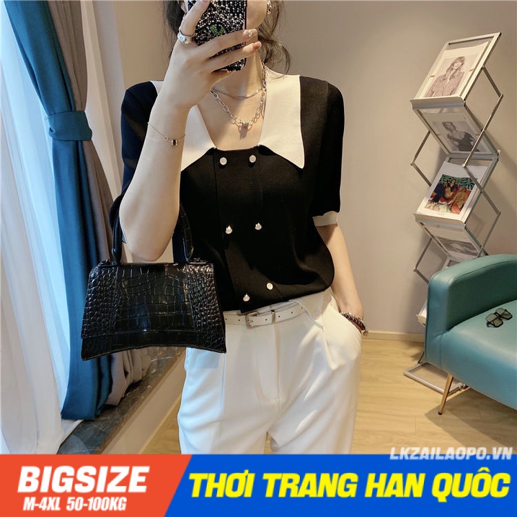 Áo thun lụa lạnh Bigsize Áo tiểu thư form rộng tay ngắn cổ bèo mùa hè Phong cách Hàn Quốc Thời Trang tiểu thư cá tính xinh đẹp cho người mập béo