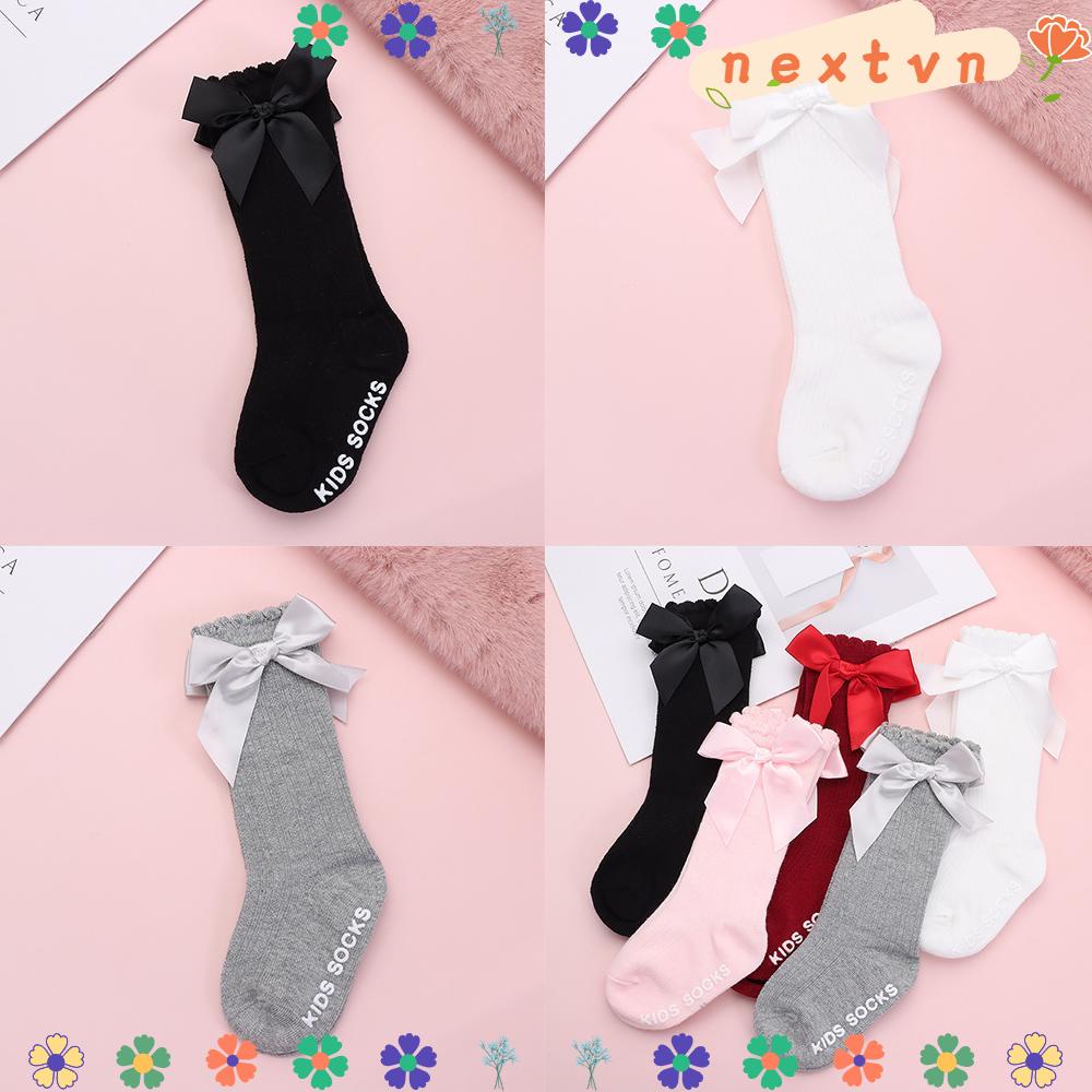 1 đôi vớ cotton dài mềm mại chống trượt phối ren thắt nơ công chúa cho bé gái sơ sinh