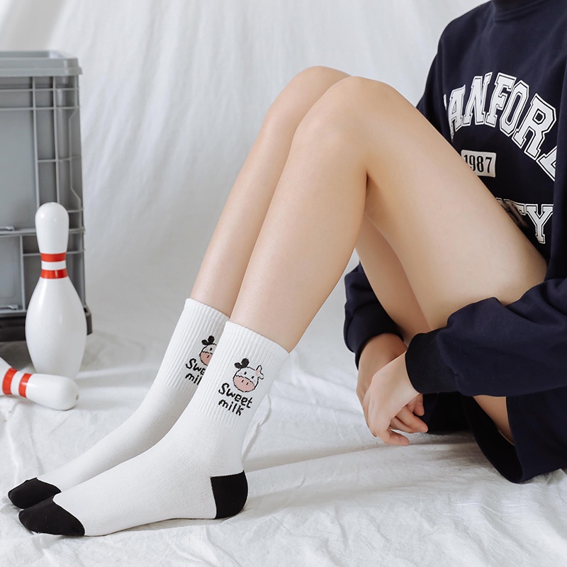 Tất vớ nữ cotton cổ cao hoạt hình bò sữa phong cách vintage hàn quốc TN08