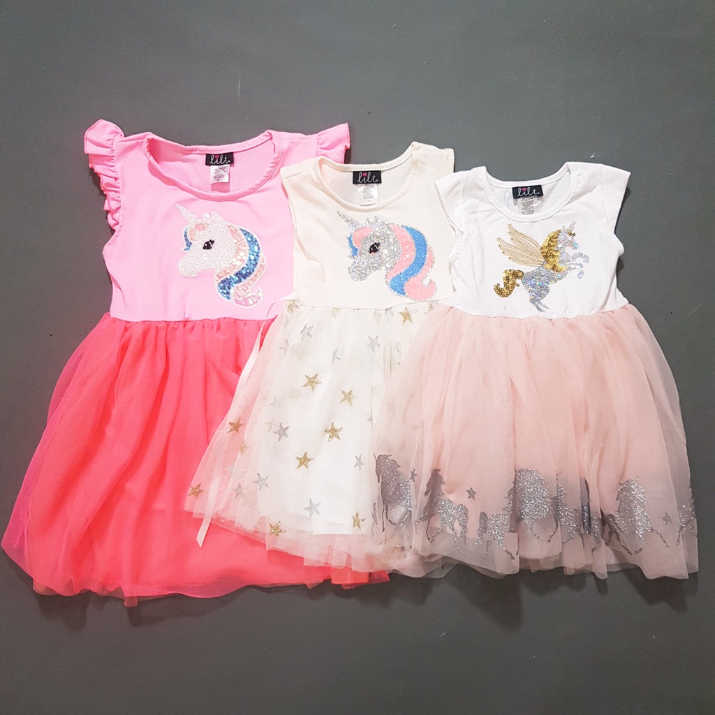 Đầm thun chân voan đính kim sa ngựa unicorn, mèo kitty, tiên cá...dễ thương bé gái