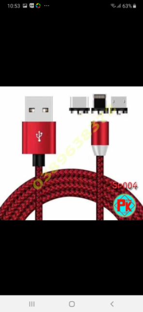 Dây sạc nam châm 3 đầu Iphone, Type C, micro USB, có đèn led sáng
