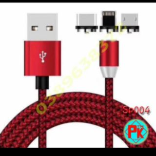 Dây sạc nam châm có đèn led gồm 3 đầu Iphone, Type C, micro USB