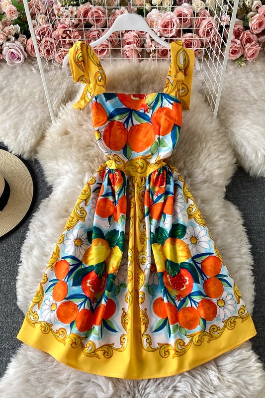 Váy hai dây phối nơ, họa tiết sang trọng hàng thiết kế quảng châu