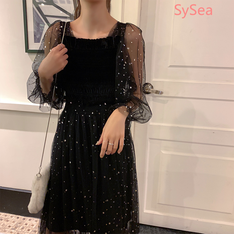 Đầm Voan Nữ Tay Dài Họa Tiết Ngôi Sao Lấp Lánh Xinh Xắn Lộng Lẫy