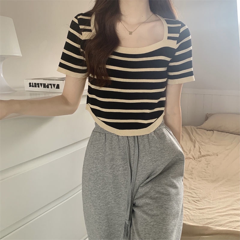 Áo Thun Dệt Kim Tay Ngắn Họa Tiết Kẻ Sọc Thời Trang Mùa Hè Cho Học Sinh