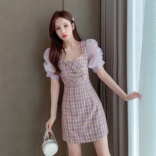 Đầm tay phồng kẻ sọc retro