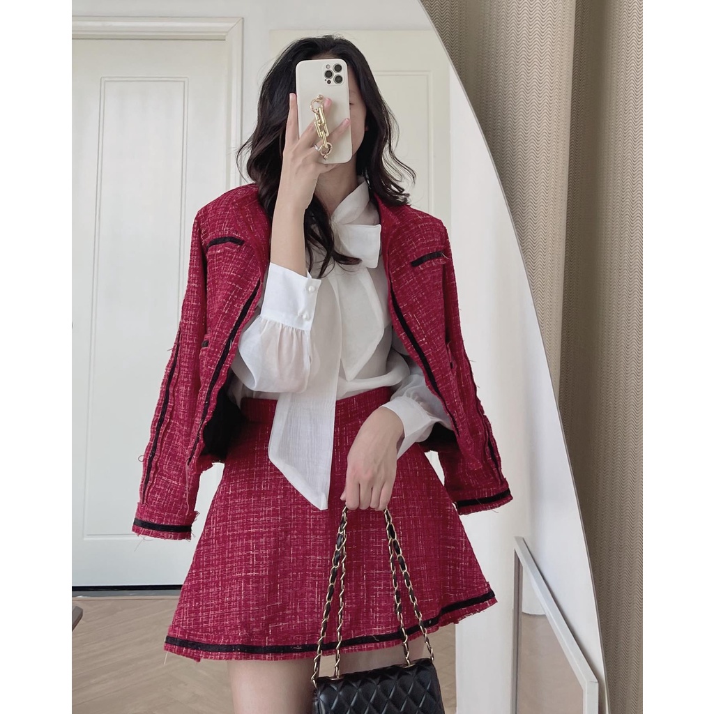 (ảnh thật) Audrey Set dạ tweed chạy viền áo khoác mix chân váy chữ A 7765 | BigBuy360 - bigbuy360.vn