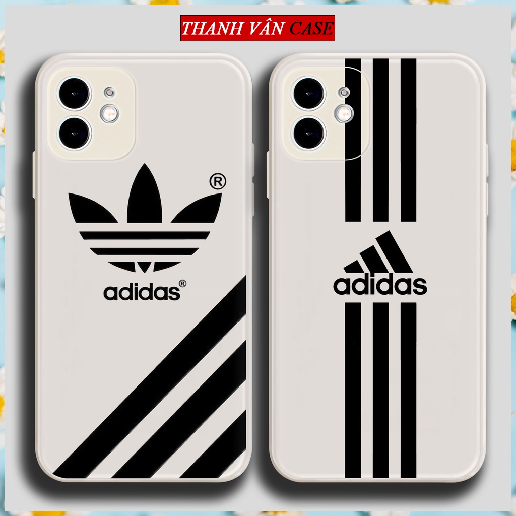 Ốp lưng iPhone 6/6s/7/8/X/XS/11/12/13 Pro Plus Max viền vuông chống sốc bảo vệ camera màu trắng logo Adidas AD910