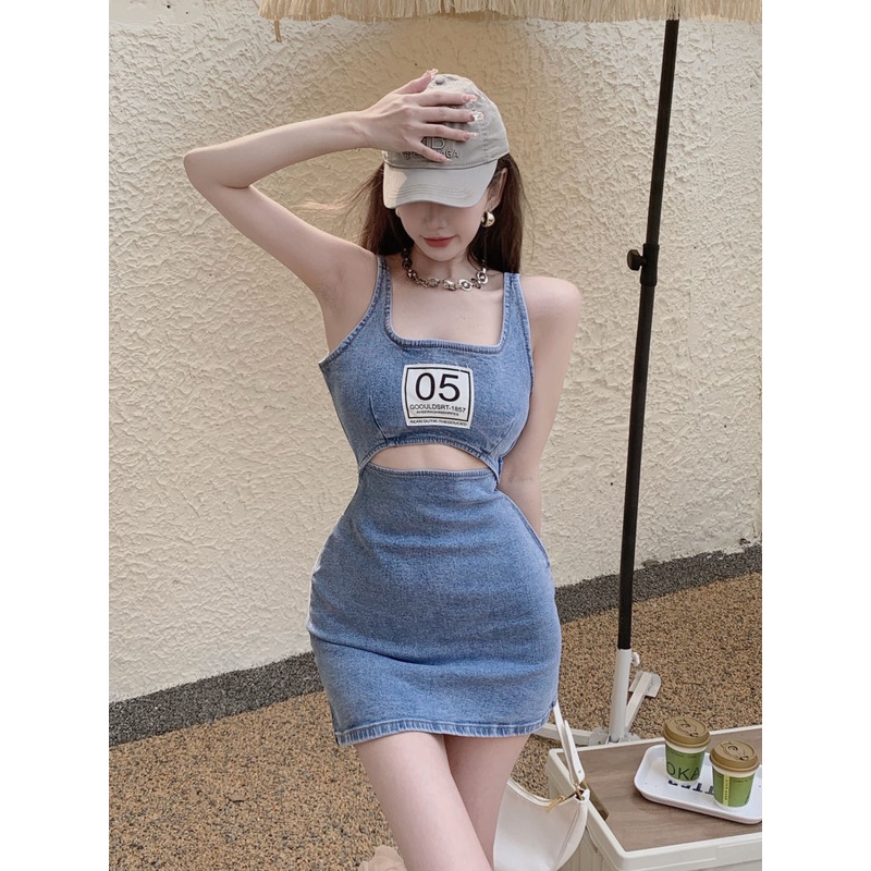 Heart machine hollowed-out denim vest dress 2022 new slim and thin spicy girl a-shaped dress