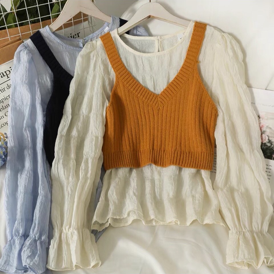 Set áo kiểu FM Style, áo cổ tròn DT kèm áo len croptop 2 dây 191_Trắng đen, form vừa, mang sexy, cá tính, quyến rũ