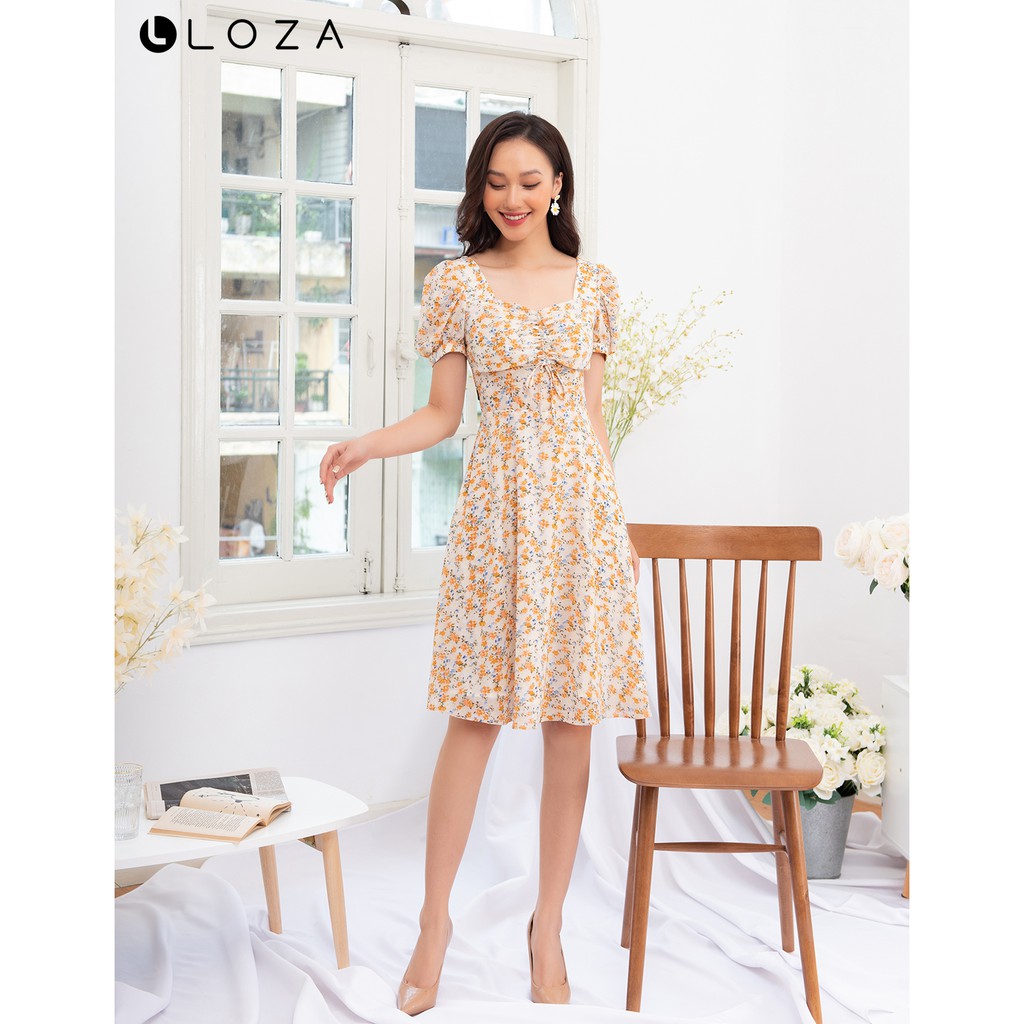 [Mã FASHIONMALLT4 giảm 15% đơn 150k] Đầm dáng xòe LOZA cổ vuông rút ngực họa tiết hoa - LD2482