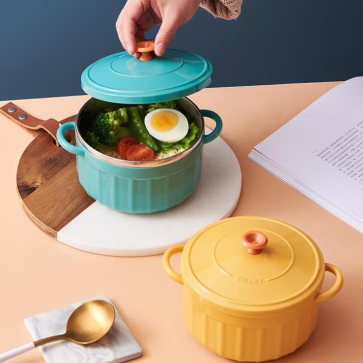 Bát úp mì - Bát ăn mì tôm inox 2 lớp cách nhiệt hình chiếc nồi có nắp đậy tặng kèm thìa/nhà cửa đời sống, bếp, đồ ăn.
