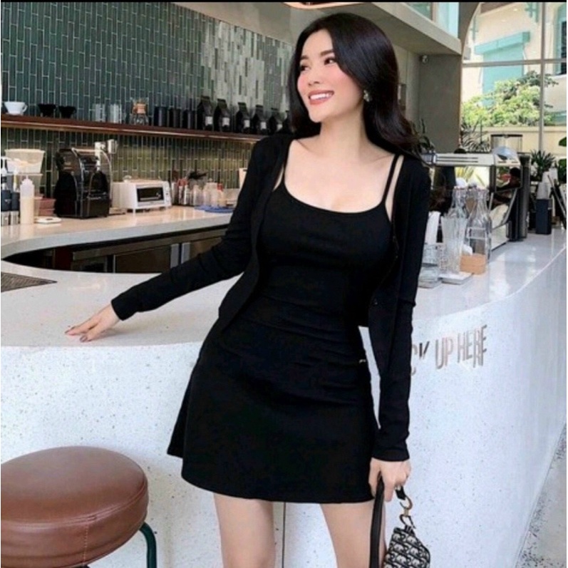 Đầm hai dây nữ dáng xòe kèm áo khoác tay dài chất thun gân siêu, Set Đầm Body Váy Xòe Kèm Áo Khoác, Setxòe