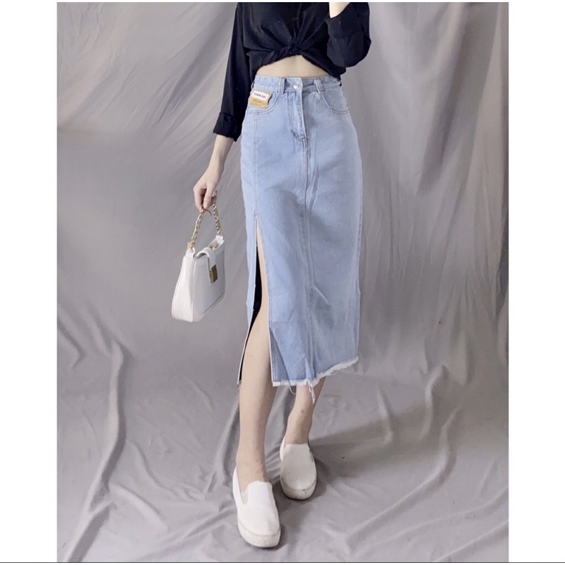 Chân váy bò xẻ tà, chân váy demin, chân váy cạp cao