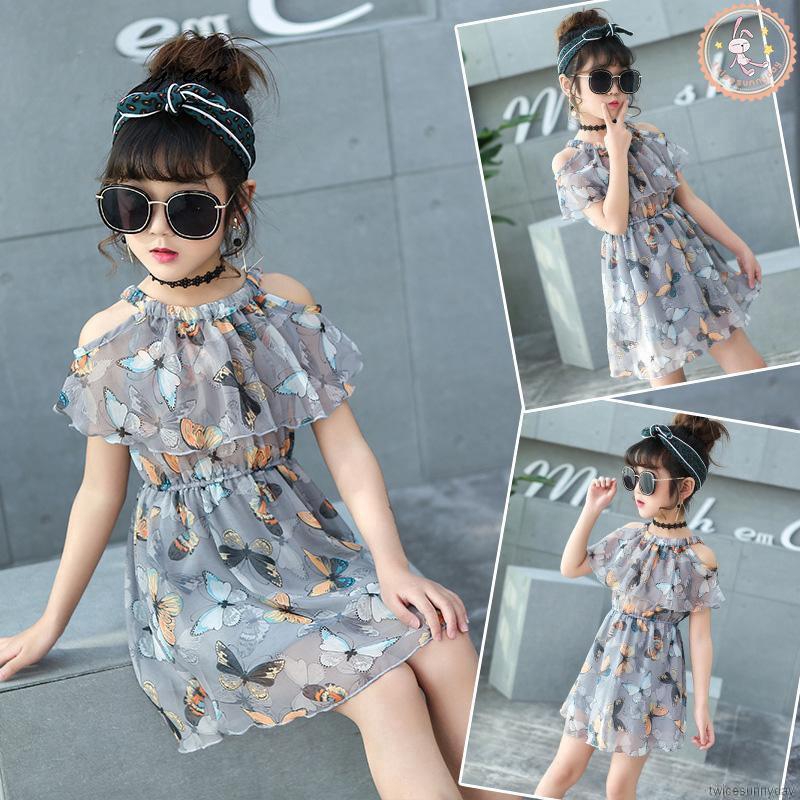 Đầm trễ vai tay loe hoạ tiết bướm chất Chiffon cho bé