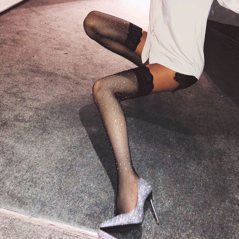 Women Girls Long Stockings Bling Shiny Rhinestone Sexy Stockings Over The Knee Mesh Fishnet Lace Nightclubs Nylon Stockings