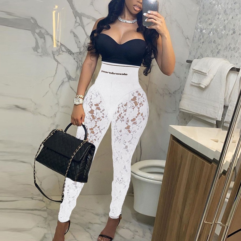 Quần Legging Lưng Cao Phối Ren Xuyên Thấu In Chữ Thời Trang Mùa Hè Quyến Rũ Cho Nữ