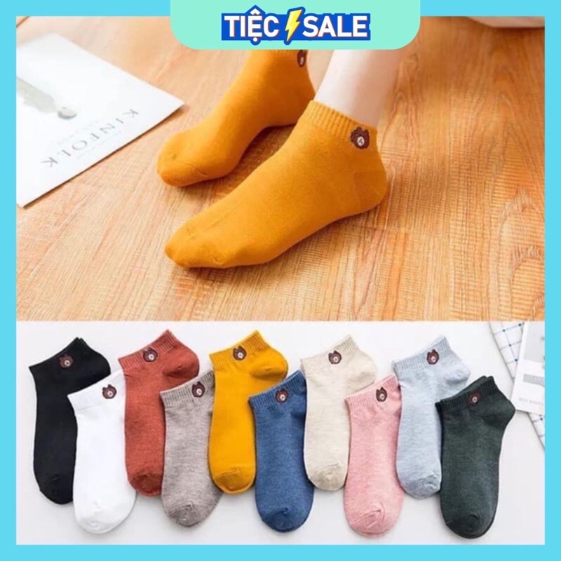 May Shop - Combo 10 đôi tất cổ ngắn họa tiết gấu tặng kèm túi đựng