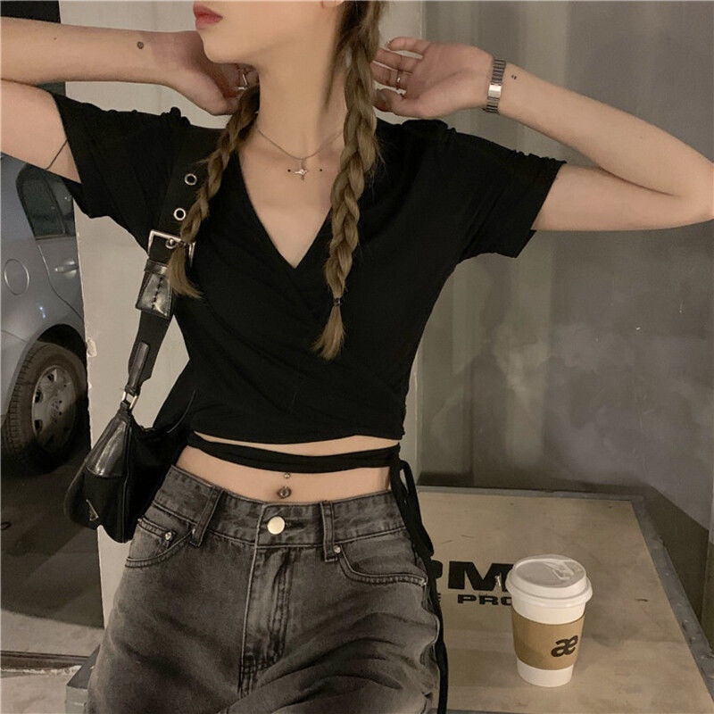 Áo Thun Tay Ngắn Cổ Chữ V Cột Dây Họa Tiết Kẻ Sọc Ca Rô Phong Cách Hàn Quốc Thời Trang Mùa Hè Dành Cho Nữ 2022