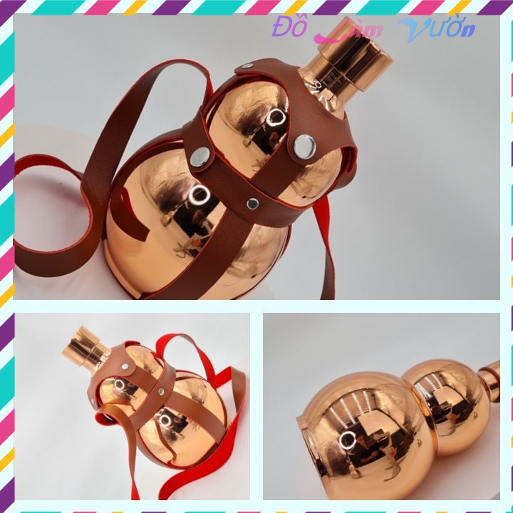 Bình hồ lô Inox 1.6 lít đựng nước màu đồng có bao da lủng