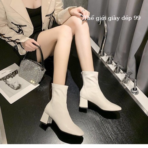 Giầy bốt nữ cao cổ da mềm kéo khoá lót nỉ hàng quảng châu cao cấp 2 màu đen và trắng