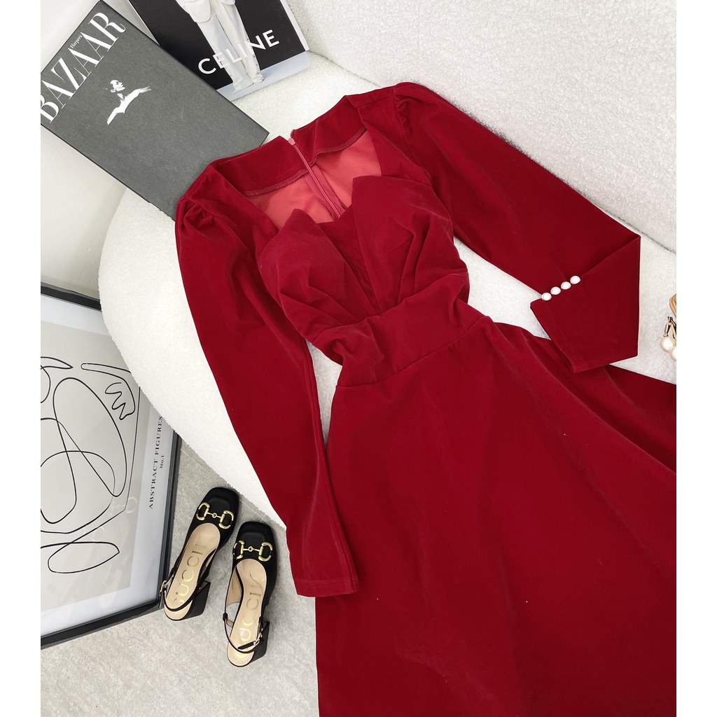 Váy Nhung Nữ Đỏ, Đầm Xòe Xếp Ly Ngực Phối Ngực Chất Nhung Dày Dặn Hàng Thiết Kế, Đủ Size Siêu Sang. | BigBuy360 - bigbuy360.vn