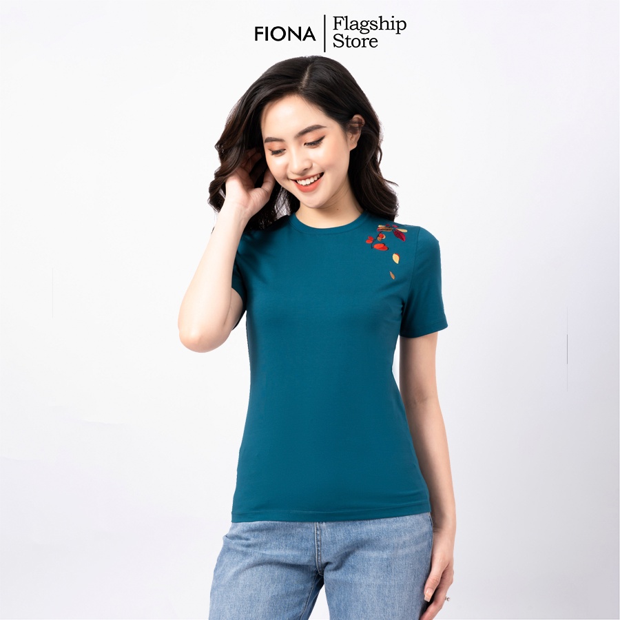 Áo cotton nữ cổ tròn FIONA, Áo phông nữ cao cấp, áo thun nữ cộc tay vai thêu hoa F521196