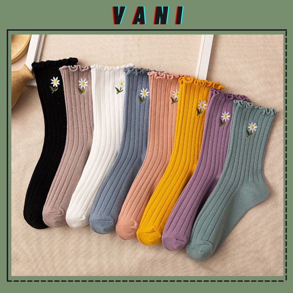 Tất Nhún Gân To Cổ Bèo Vintage Thêu Hoa Tiểu Thư Kiểu Dáng Hàn Quốc - Vani Store