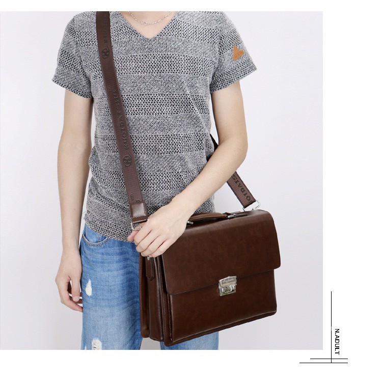 Túi xách cặp da giáo viên đựng laptop 14 inch da bò công sở T21 khóa số (Nâu-Đen) KT 38-27-7CM | BigBuy360 - bigbuy360.vn