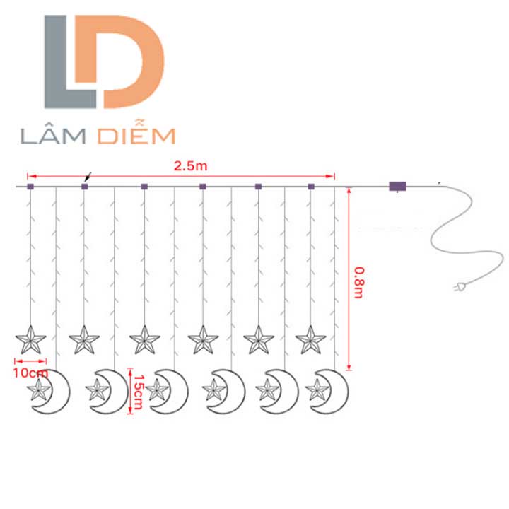 Đèn trang trí Đèn led đèn trang trí nhấp nháy dạng màn rèm trăng sao 2m5 12 dây thả