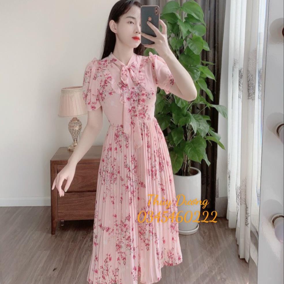 (FREESHIP) Váy đầm hoa thiết kế VINTAGE dáng xòe cổ nơ ngắn tay chân váy xếp ly dài qua gối M01 *