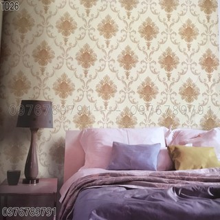 Giấy dán tường châu âu 10m ,hoa văn tân cổ mầu vàng,mầu đỏ,mầu nâu đen,giấy lụa Không keo công nghệ đức