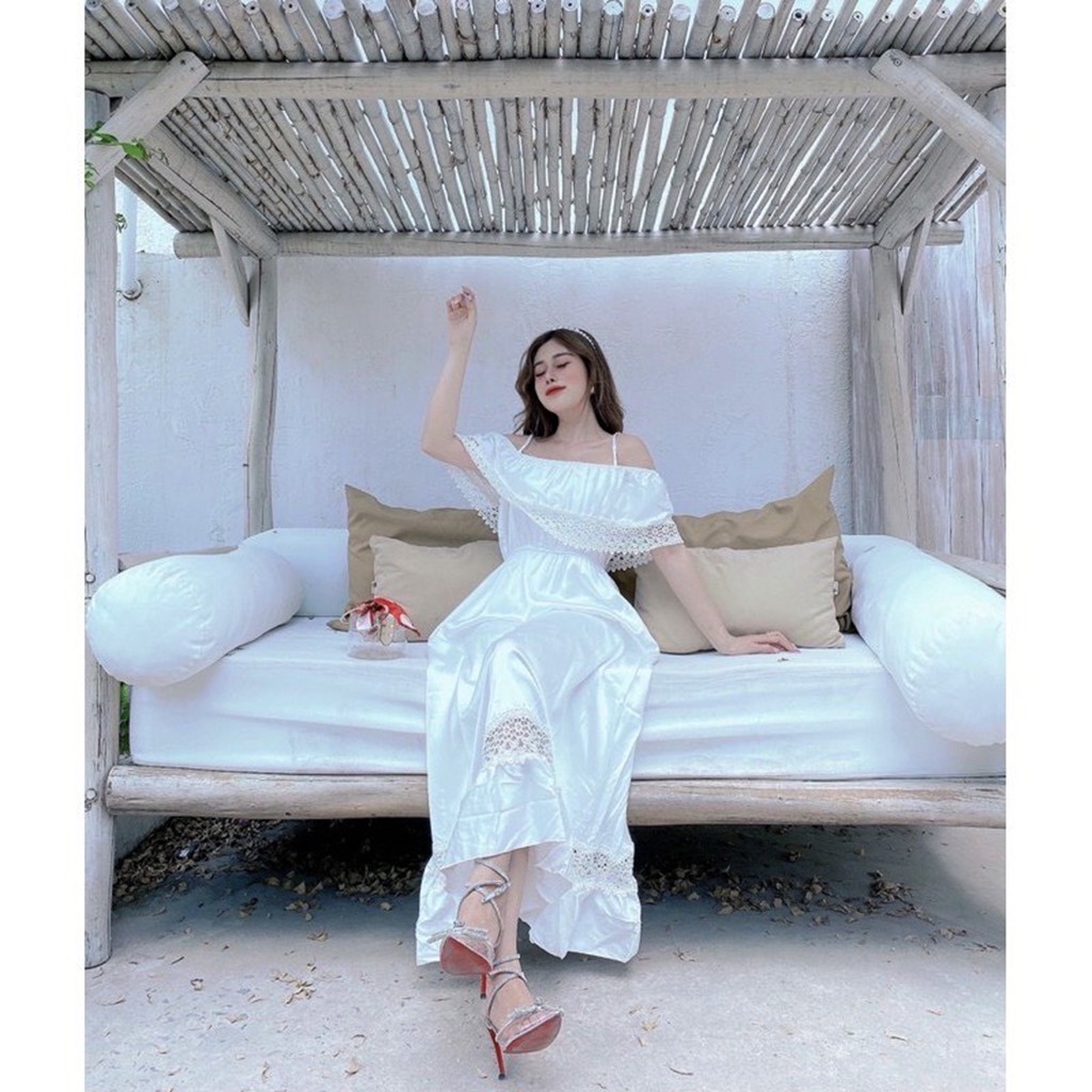 Đầm maxi trắng 2 dây đi biển thiết kế dáng dài trễ vai phối ren quyến rũ thời trang XUKA-DRESS MT101 chất lụa cao cấp | BigBuy360 - bigbuy360.vn