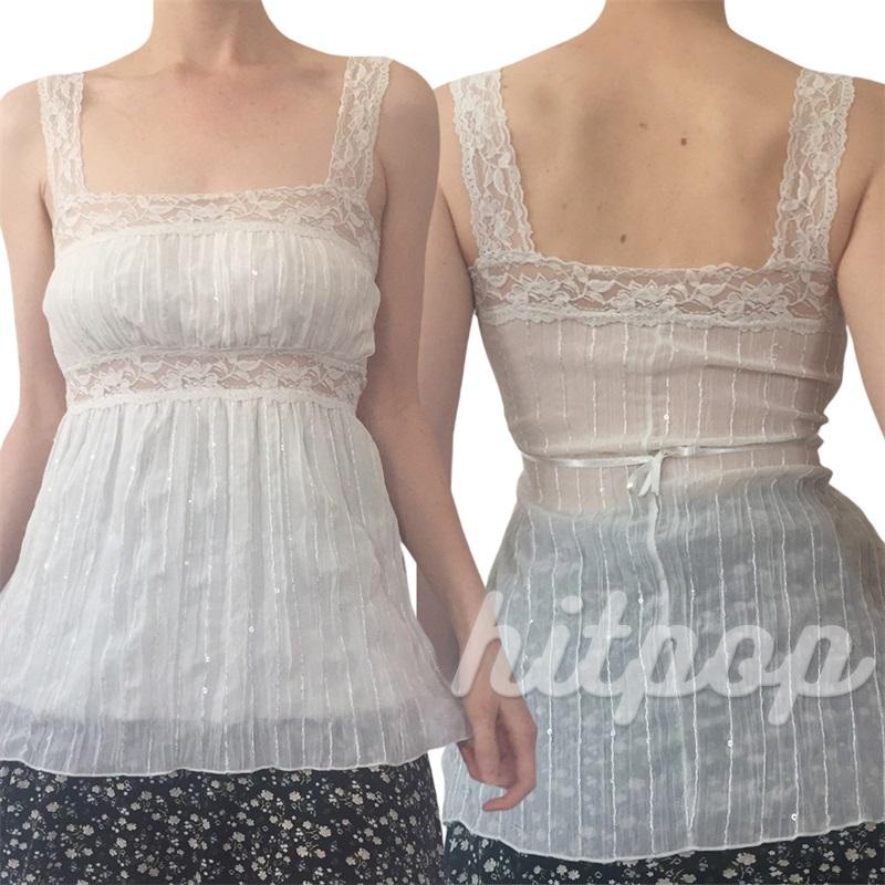 Áo thun sát nách cổ vuông phối ren màu trắng thời trang mùa hè cho nữ