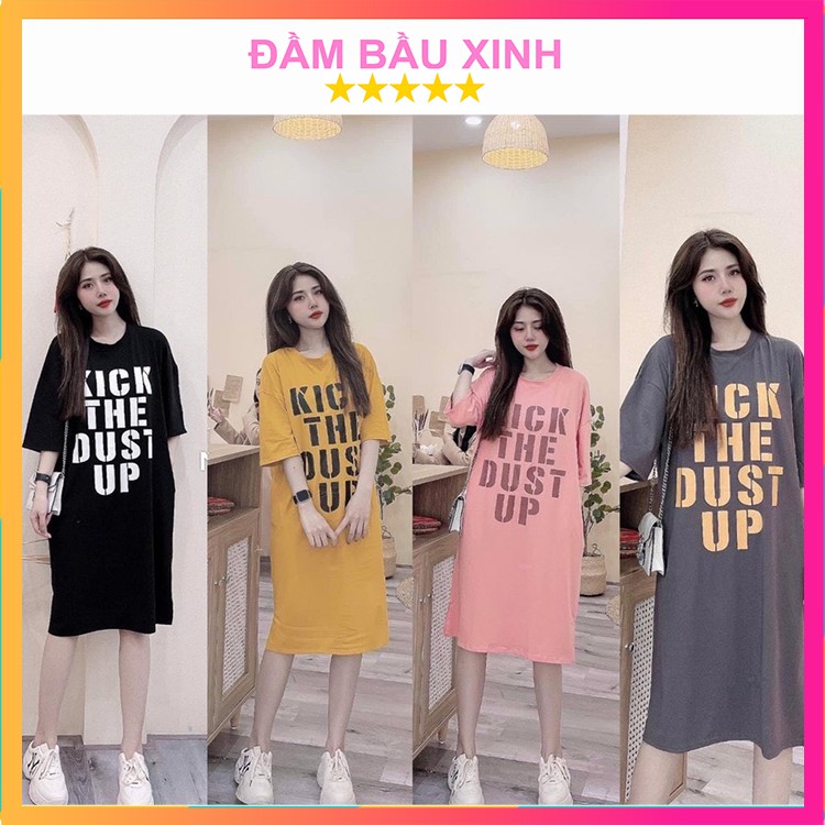 Đầm Bầu Suông Tay Lỡ Chất Cotton Co Dãn Váy Dài Họa Tiết Chữ KickUp Hàng VNXK