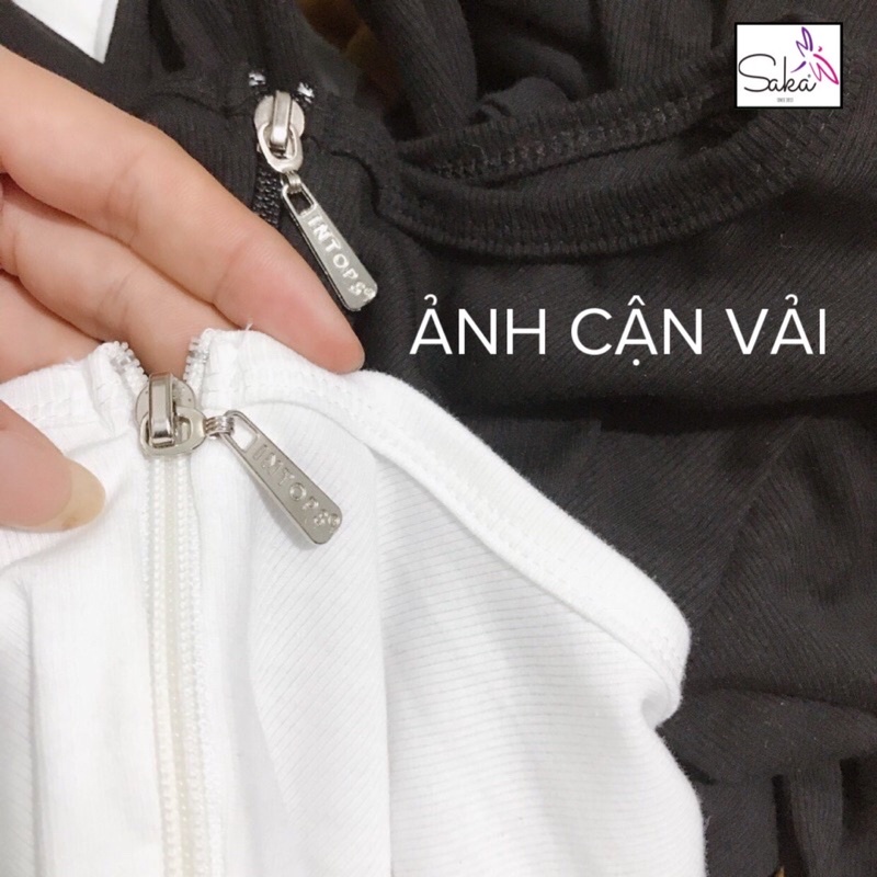 Áo croptop nữ tay dài khoá kéo đen trắng