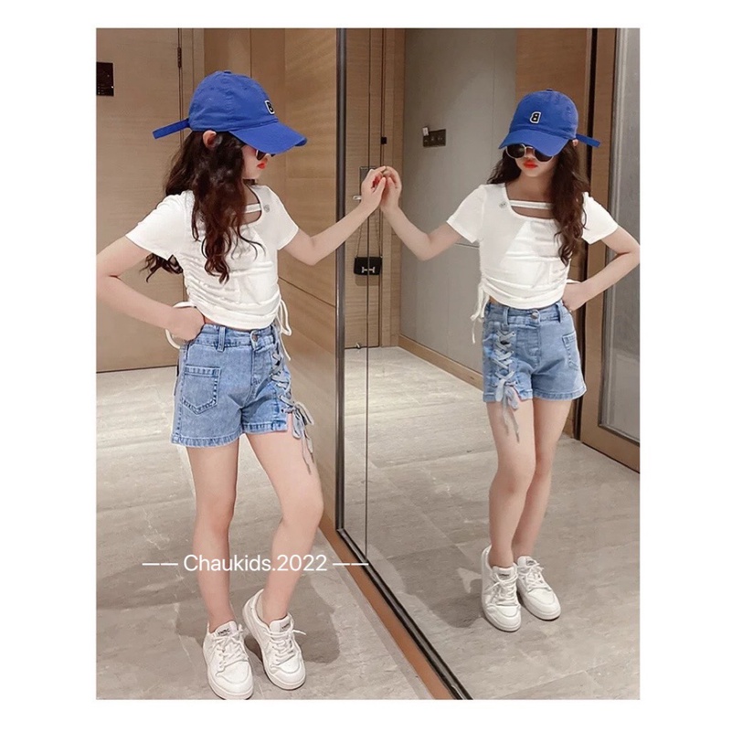 Quần đùi bé gái, quần short jean dây đan cá tính cho bé size 8-30kg