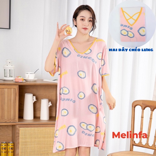 (Xả kho) Váy ngủ ngắn tay vải Cotton lụa tự nhiên thoáng mát mềm mịn, đầm mặc nhà cổ V gợi cảm freesize mã VAV0270