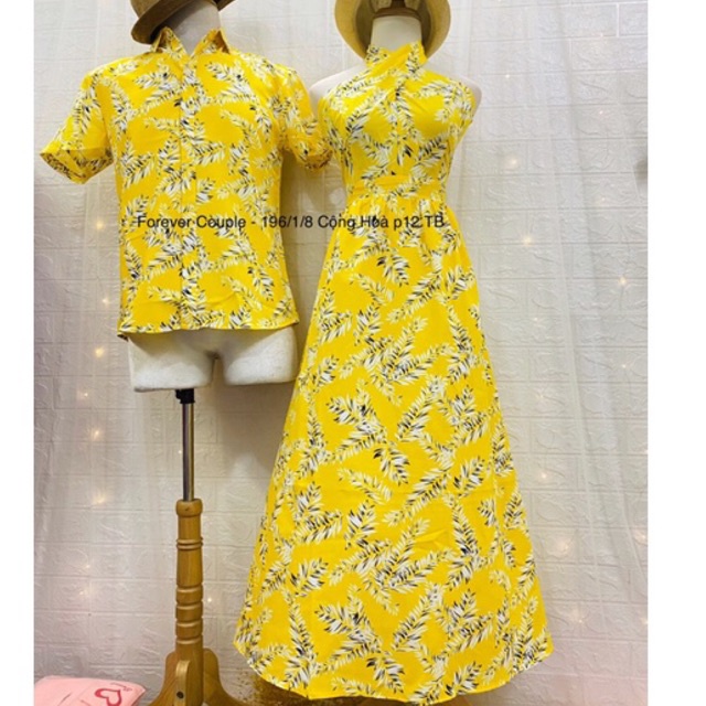 Set đồ đôi - áo váy đôi đi biển, chụp hình cưới họa tiết lá vàng Forever Couple Store (giá gồm áo váy, có ảnh thật)